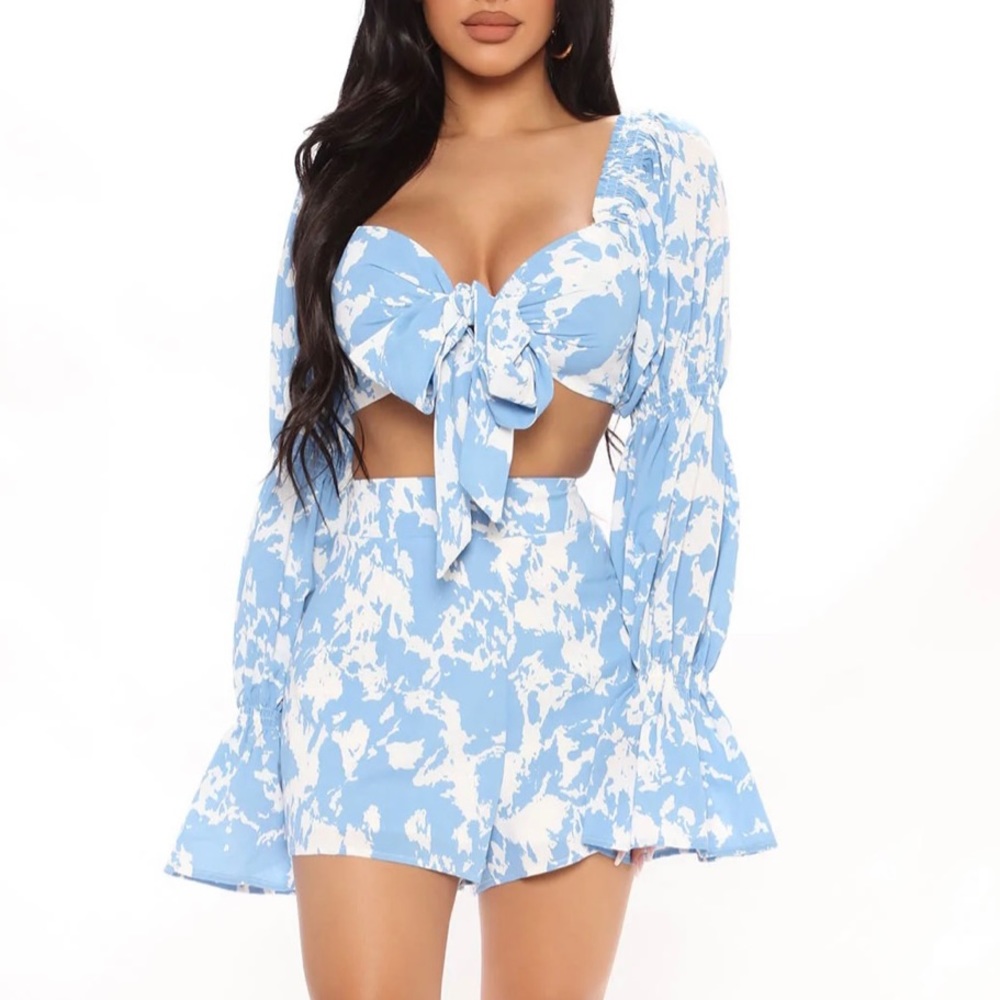 Tie Dye Off Shoulder Crop Top Short Set Blue/Combo